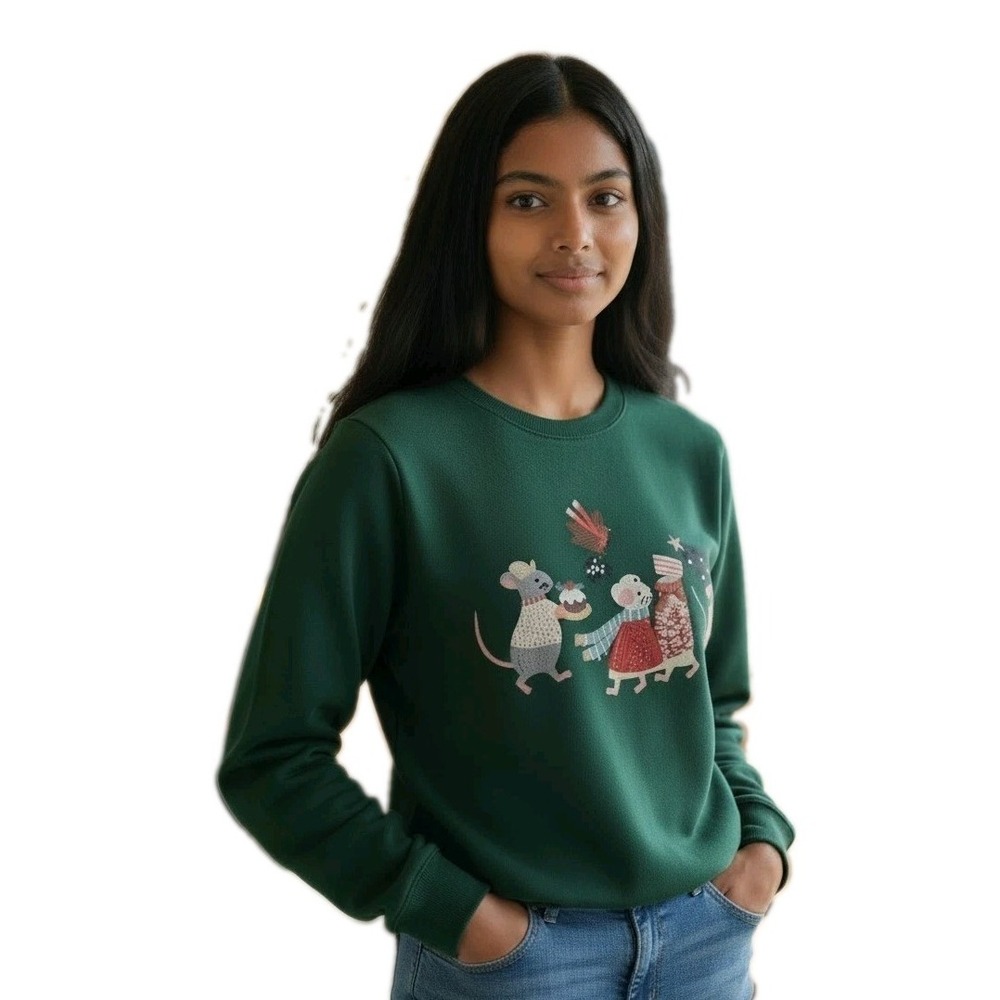 NWT Mini Boden Girls Festive Applique Shirt Mice Holiday Whimsical Christmas 7-8